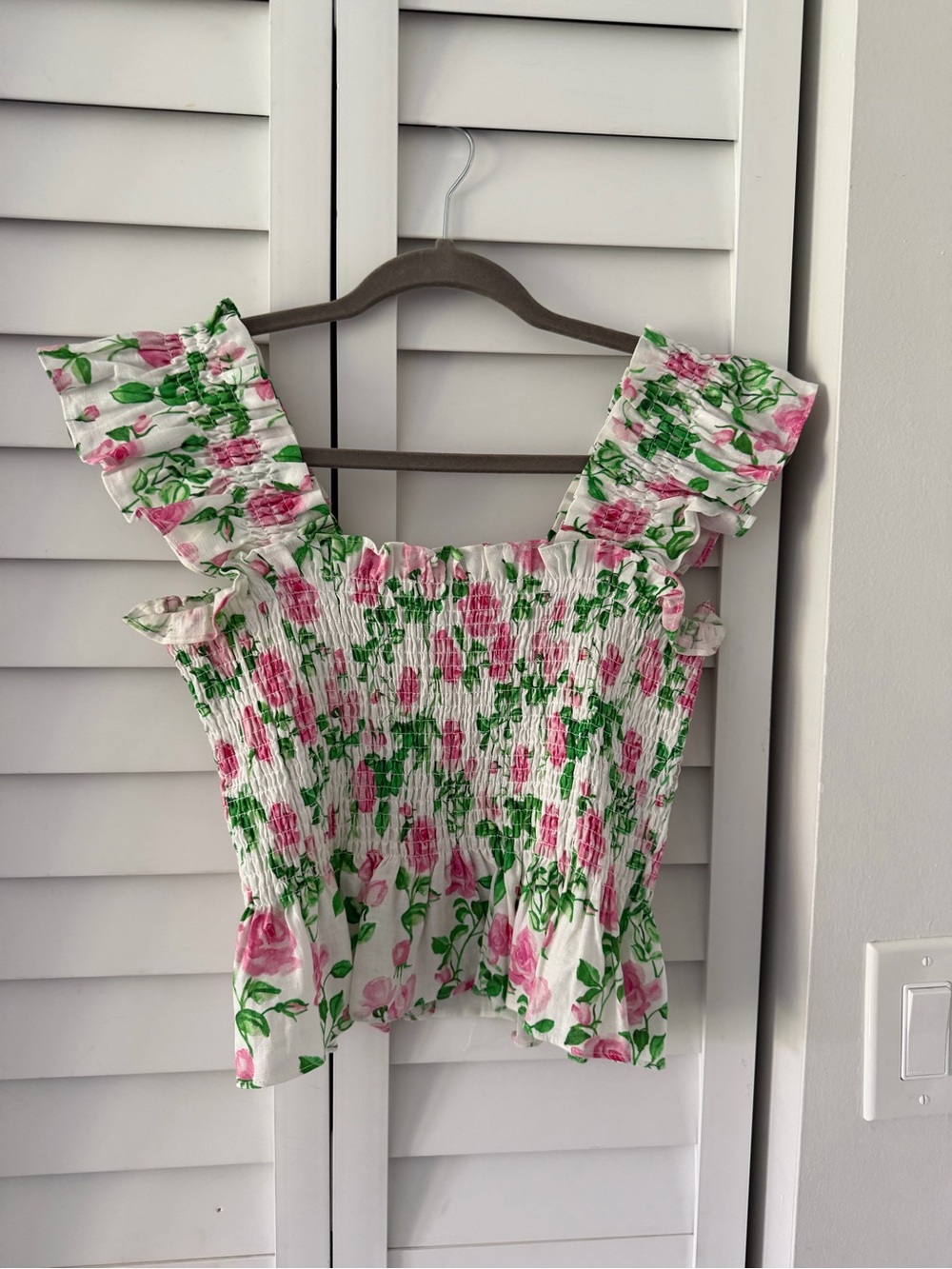 Hill House Floral Smocked Ruffle Shoulder Top - White with Pink & Green